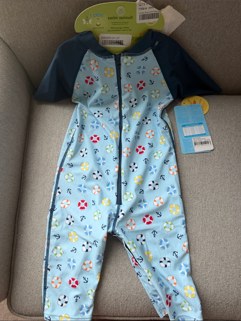 NWT 3t i play. Light Blue & Navy Short-Sleeve Swim Sunsuit with Lifesaver Print